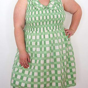 The Drop Amazon Check Print Peter Pan Collar Smocked Dress 3x Smoke Green NWT